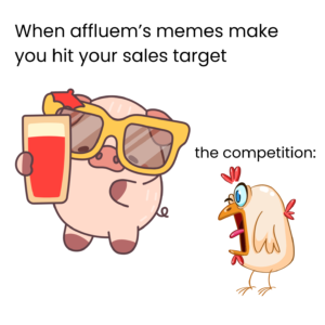 Illustration of a cheerful pig wearing sunglasses and holding a drink, representing Affluem's successful meme marketing, next to a surprised chicken, symbolizing the competition.